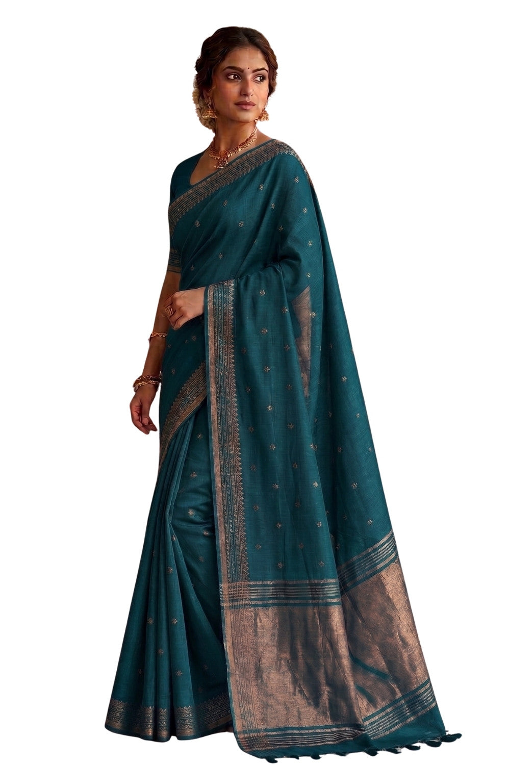 Naidu Hall Women's Green Khadi Cotton Blend Jacquard Saree with Blouse | Lightweight Ethnic Wear Saree - G501