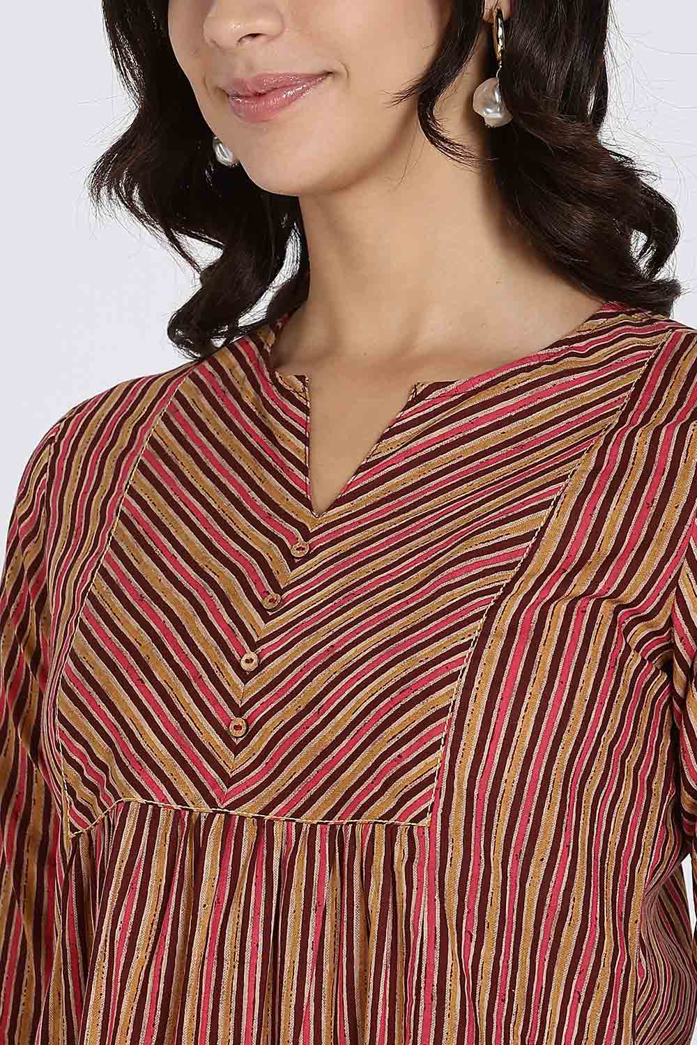 Mythri Women’s Cotton Kurta Top – Ethnic Short Kurti with Mandarin Collar, V-Slit & 3/4th Sleeves - Maroon - U002