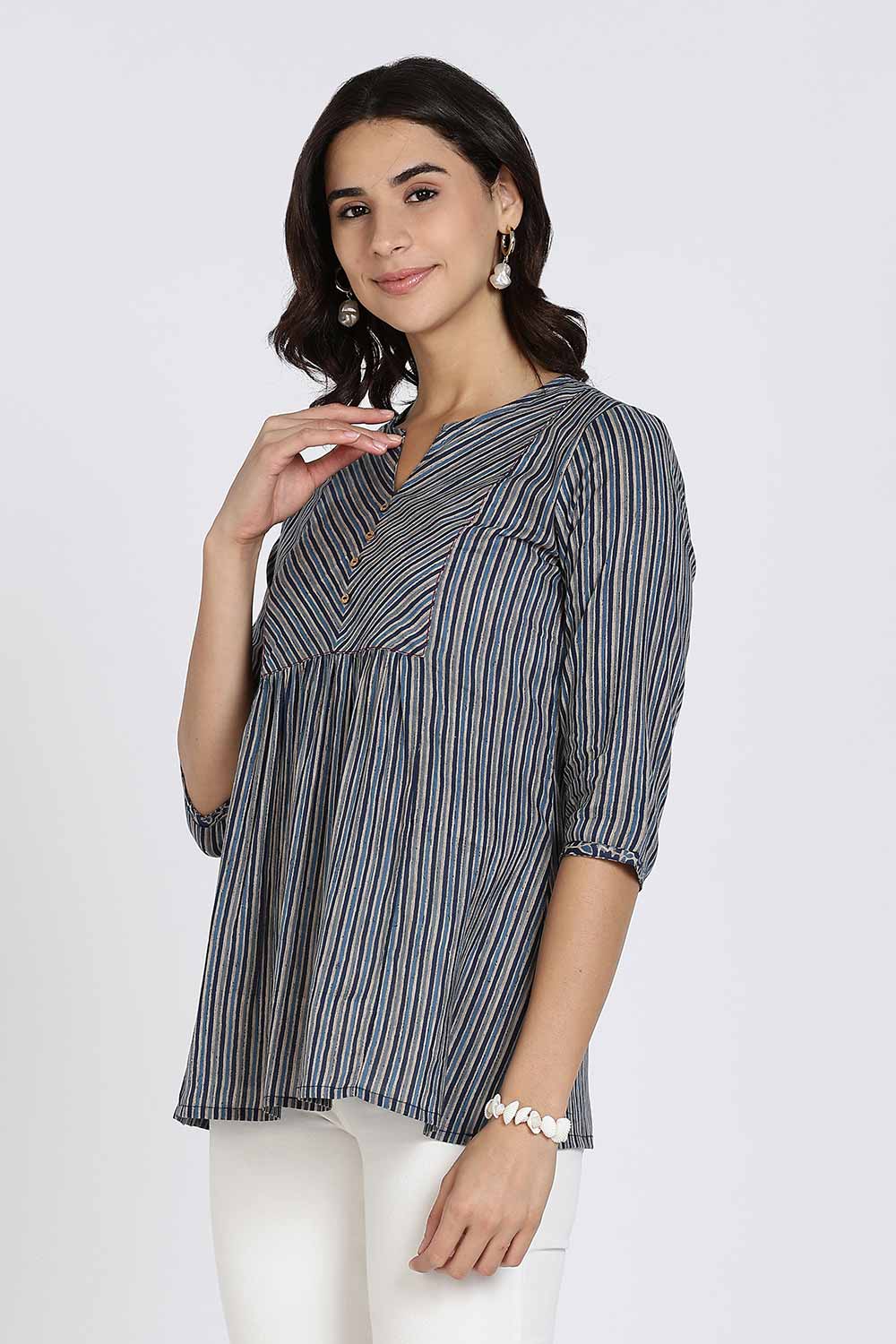 Mythri Women’s Cotton Kurta Top – Ethnic Short Kurti with Mandarin Collar, V-Slit & 3/4th Sleeves - Navy Blue - U002