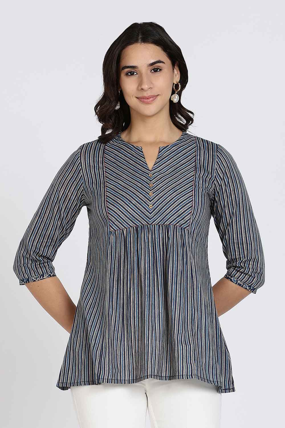 Mythri Women’s Cotton Kurta Top – Ethnic Short Kurti with Mandarin Collar, V-Slit & 3/4th Sleeves - Navy Blue - U002