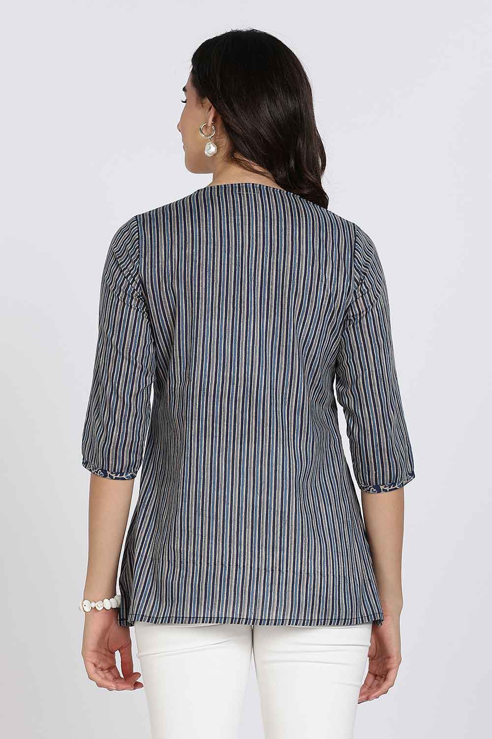 Mythri Women’s Cotton Kurta Top – Ethnic Short Kurti with Mandarin Collar, V-Slit & 3/4th Sleeves - Navy Blue - U002
