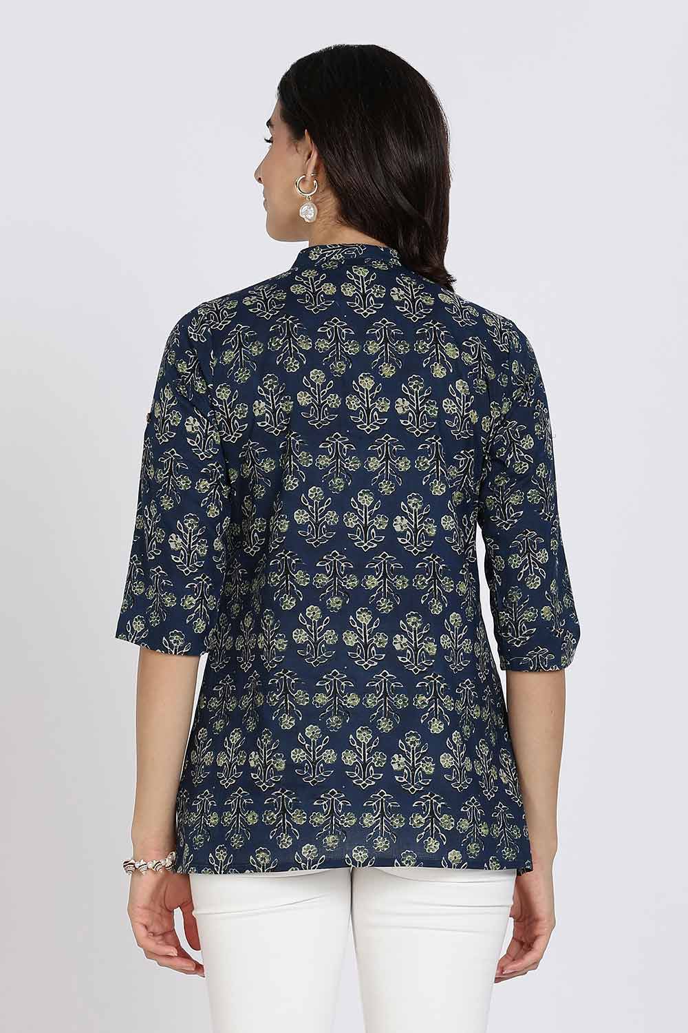 Mythri Women’s Cotton Short Kurti Top – Mandarin Collar with Princess Panels & 3/4th Sleeves | Ethnic Wear Kurta Top - Navy - U005