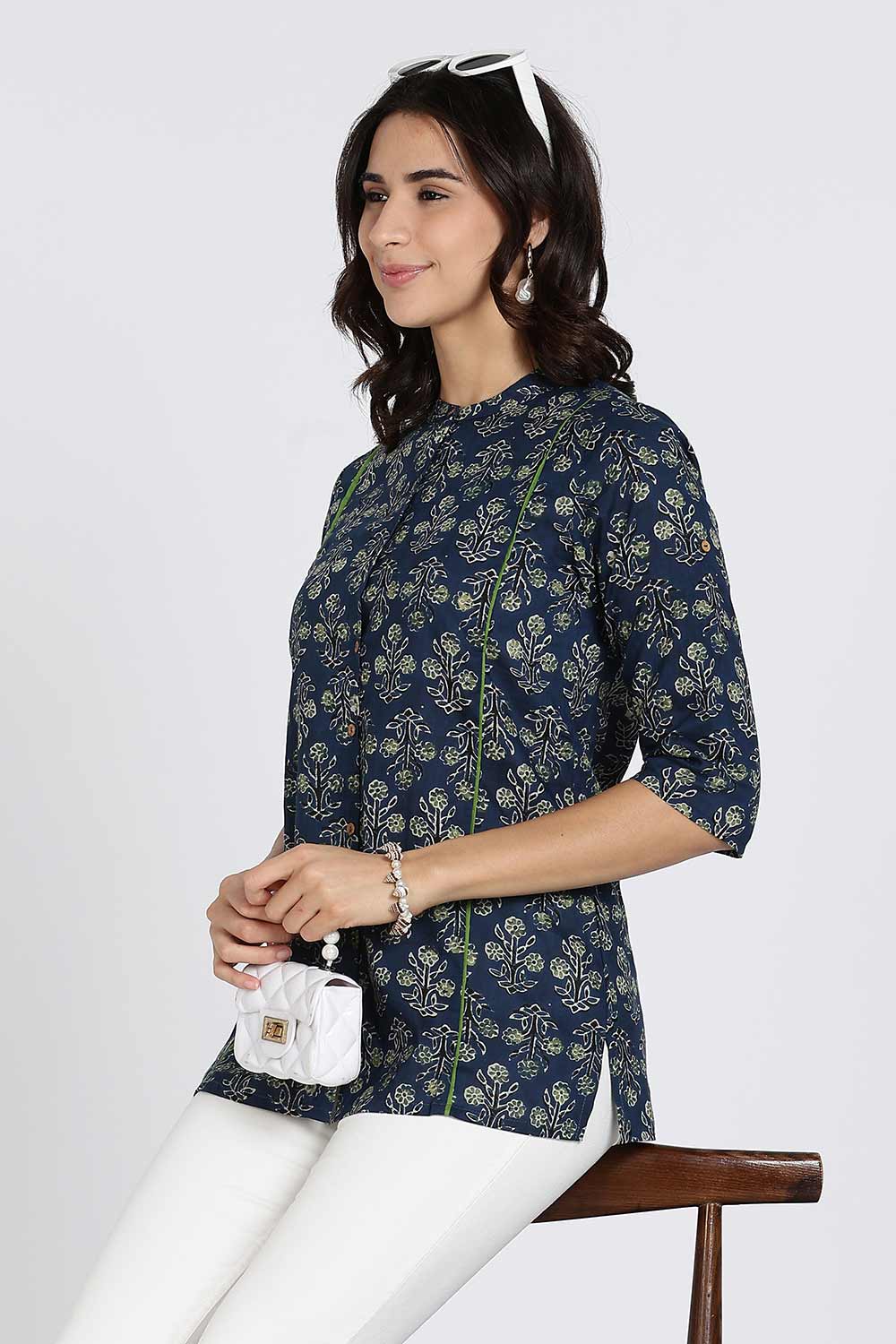 Mythri Women’s Cotton Short Kurti Top – Mandarin Collar with Princess Panels & 3/4th Sleeves | Ethnic Wear Kurta Top - Navy - U005