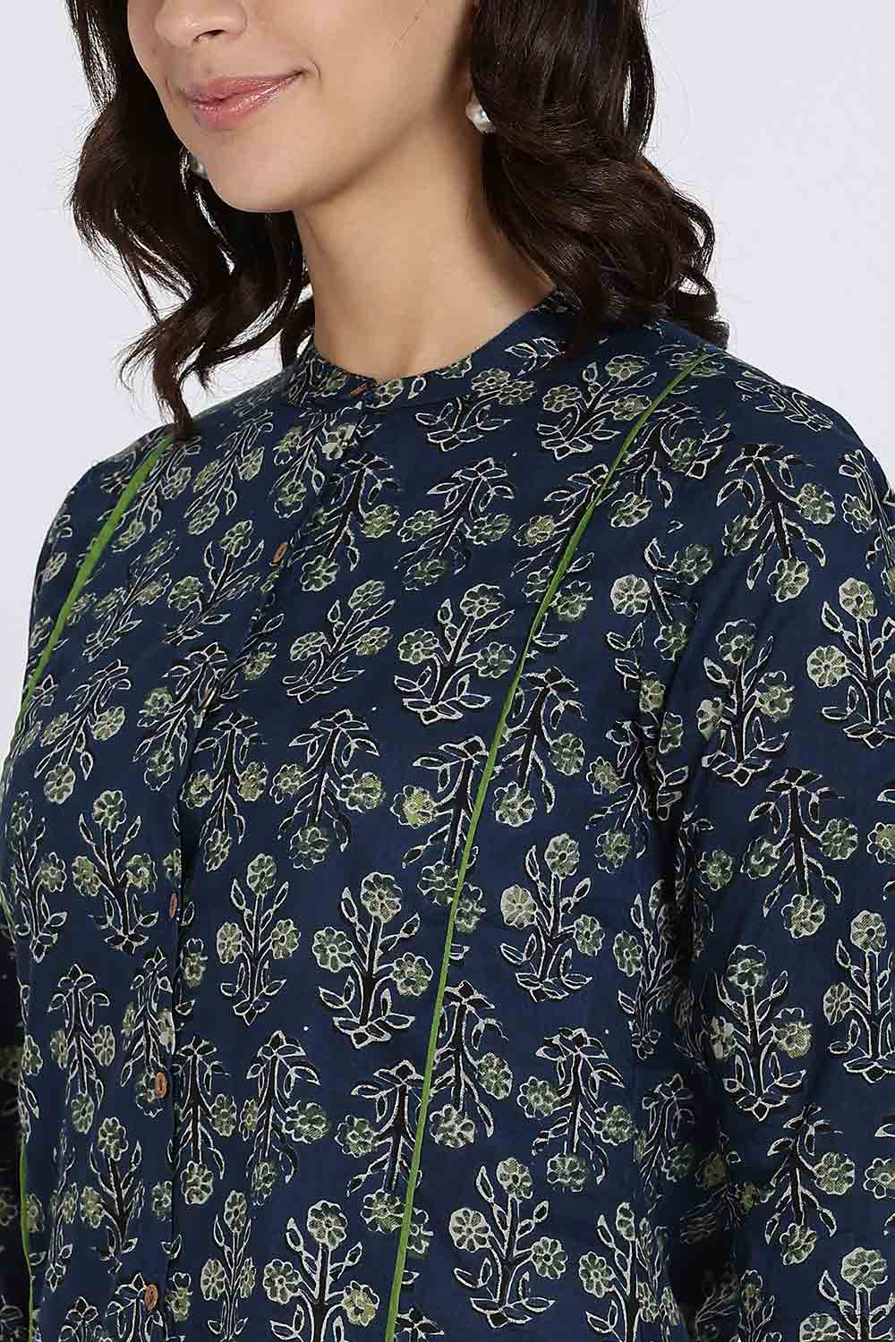 Mythri Women’s Cotton Short Kurti Top – Mandarin Collar with Princess Panels & 3/4th Sleeves | Ethnic Wear Kurta Top - Navy - U005