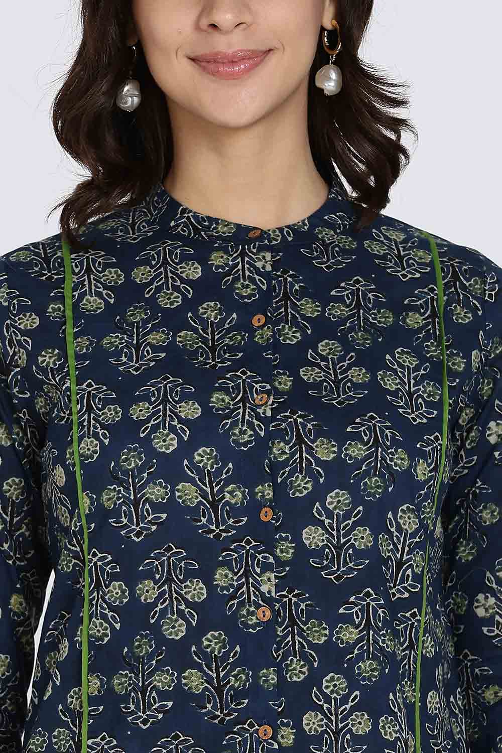 Mythri Women’s Cotton Short Kurti Top – Mandarin Collar with Princess Panels & 3/4th Sleeves | Ethnic Wear Kurta Top - Navy - U005