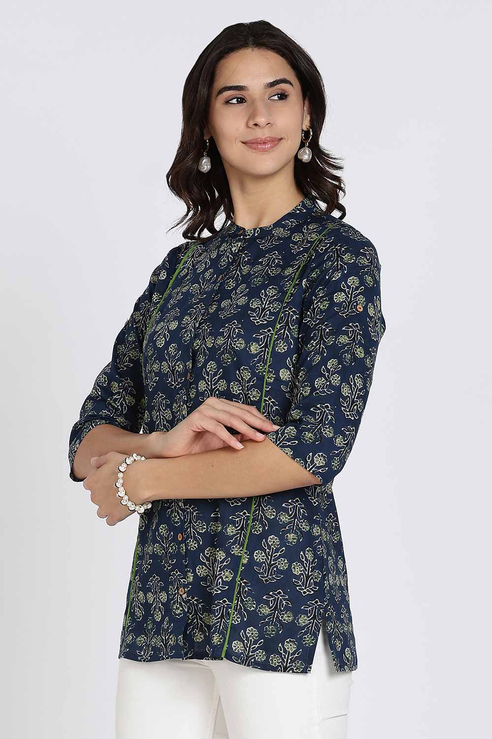 Mythri Women’s Cotton Short Kurti Top – Mandarin Collar with Princess Panels & 3/4th Sleeves | Ethnic Wear Kurta Top - Navy - U005