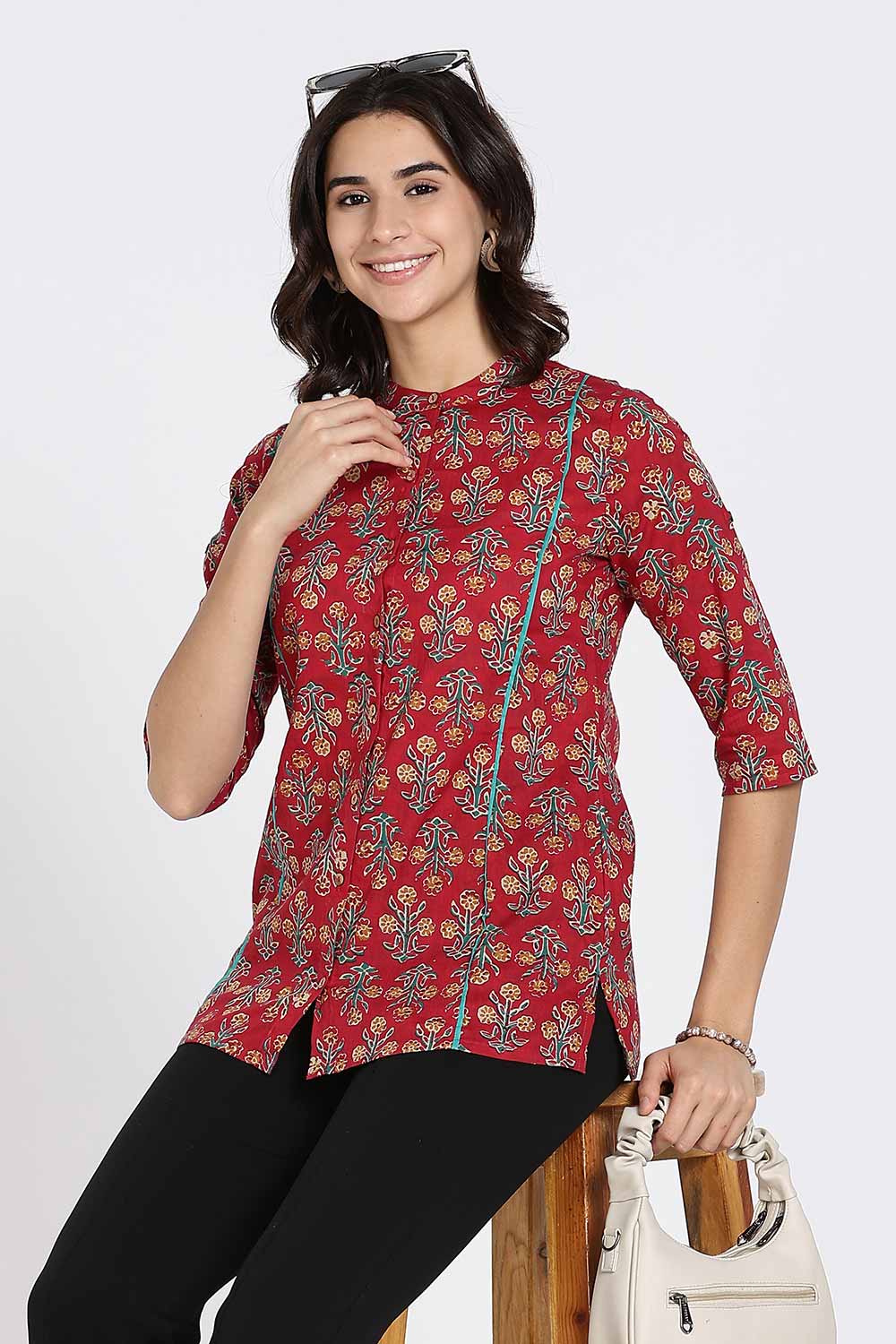 Mythri Women’s Cotton Short Kurti Top – Mandarin Collar with Princess Panels & 3/4th Sleeves | Ethnic Wear Kurta Top - Red - U005