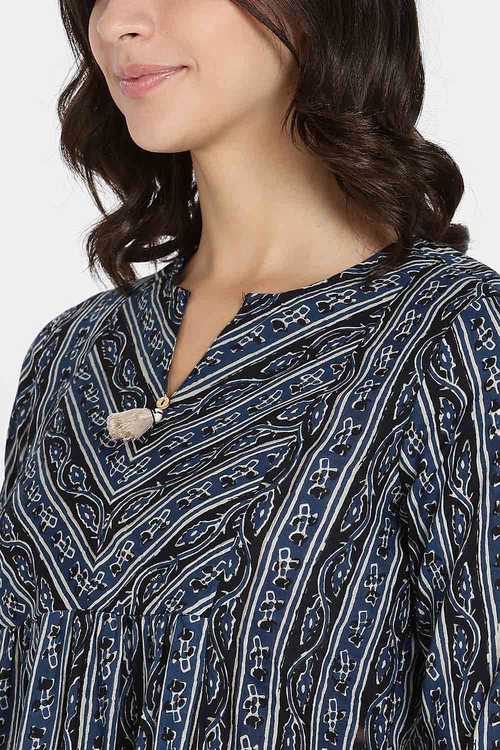 Mythri Women’s Cotton Kurta Top – Ethnic Short Kurti with Tassel Detailing, V-Slit Neck & 3/4th Sleeves - Black - U008