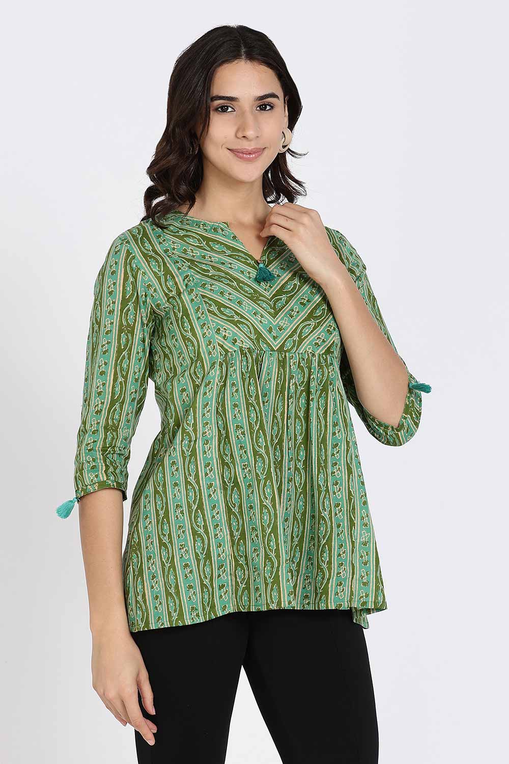 Mythri Women’s Cotton Kurta Top – Ethnic Short Kurti with Tassel Detailing, V-Slit Neck & 3/4th Sleeves - Green - U008