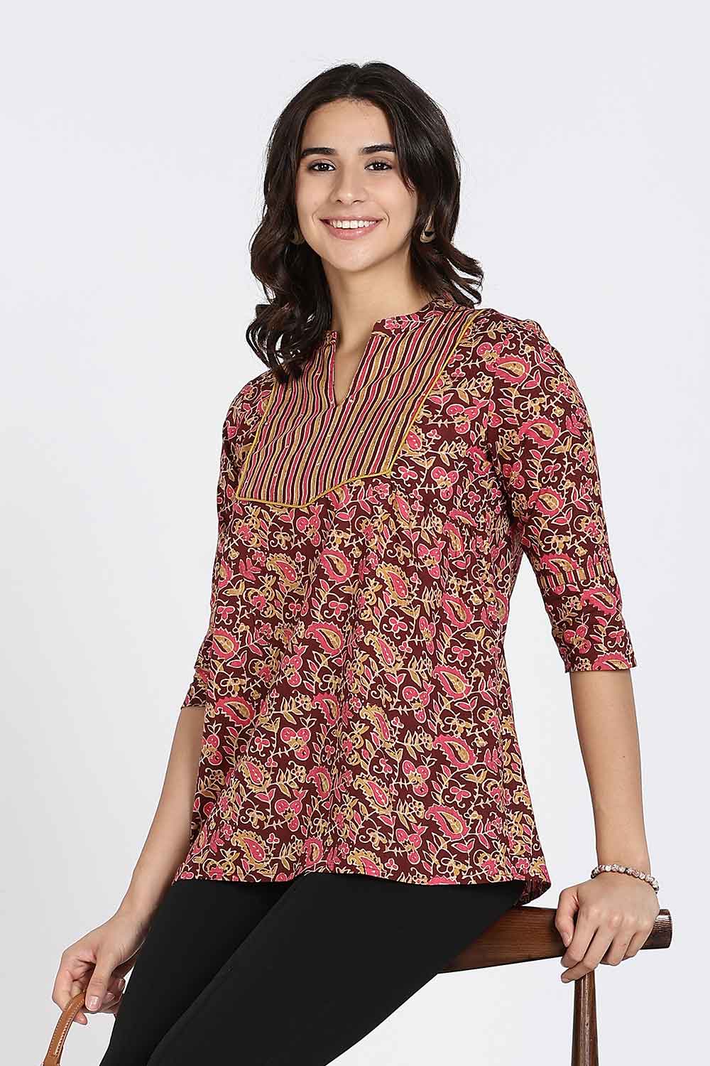 Mythri Women’s Cotton Short Kurti Top – Round Neck with V-Slit, Mitered Bias Panel & 3/4th Sleeves | Ethnic Wear Kurta Top - Maroon - U009