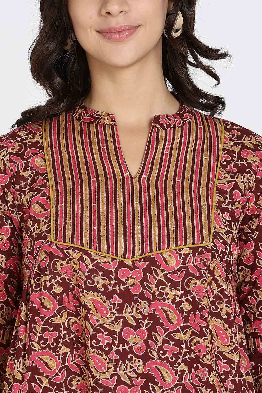 Mythri Women’s Cotton Short Kurti Top – Round Neck with V-Slit, Mitered Bias Panel & 3/4th Sleeves | Ethnic Wear Kurta Top - Maroon - U009