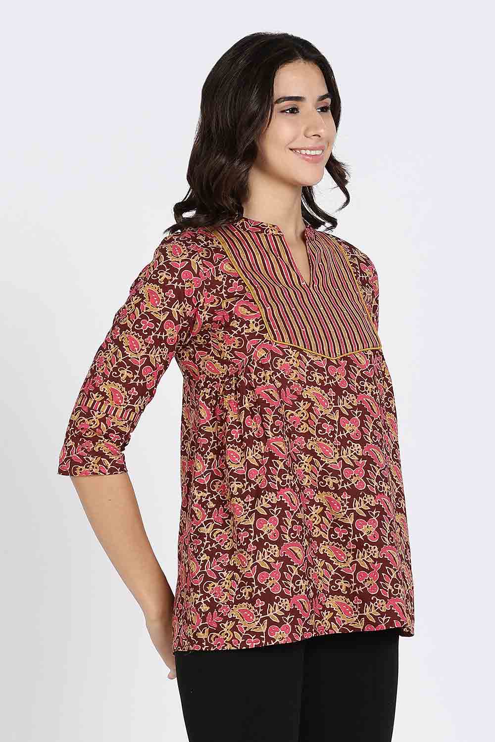 Mythri Women’s Cotton Short Kurti Top – Round Neck with V-Slit, Mitered Bias Panel & 3/4th Sleeves | Ethnic Wear Kurta Top - Maroon - U009