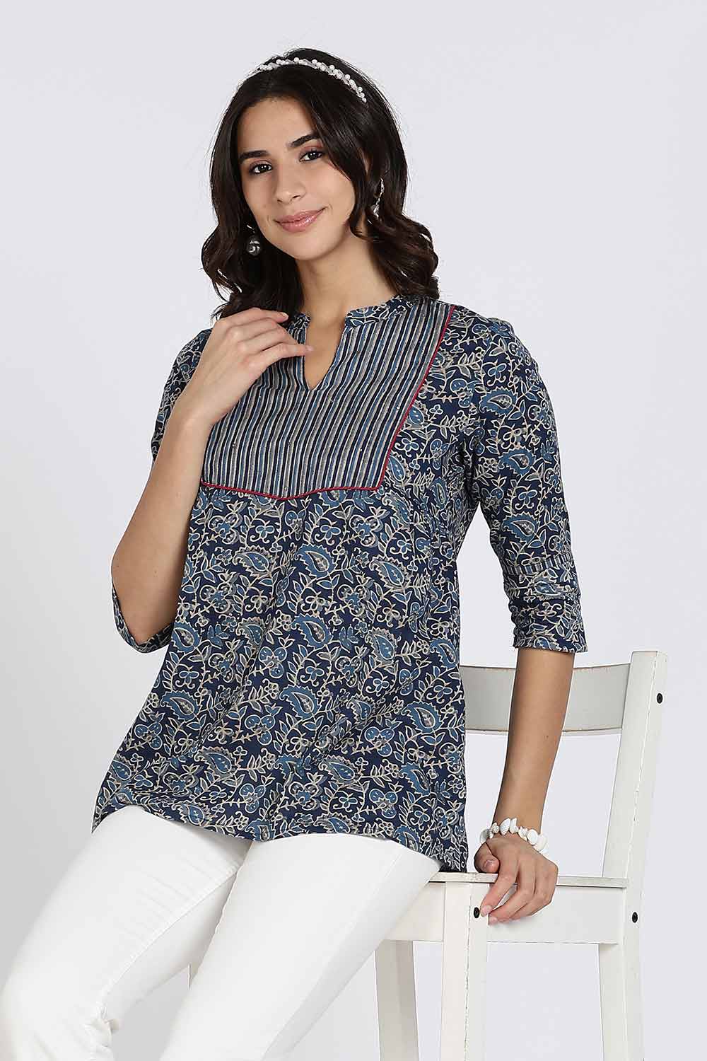 Mythri Women’s Cotton Short Kurti Top – Round Neck with V-Slit, Mitered Bias Panel & 3/4th Sleeves | Ethnic Wear Kurta Top - Navy - U009