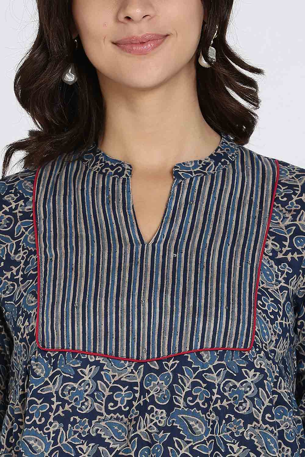 Mythri Women’s Cotton Short Kurti Top – Round Neck with V-Slit, Mitered Bias Panel & 3/4th Sleeves | Ethnic Wear Kurta Top - Navy - U009
