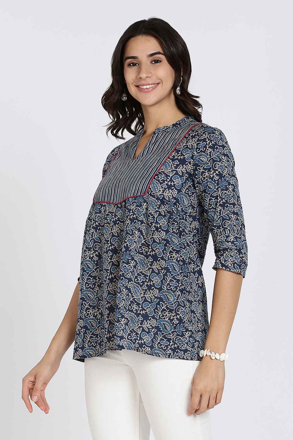 Mythri Women’s Cotton Short Kurti Top – Round Neck with V-Slit, Mitered Bias Panel & 3/4th Sleeves | Ethnic Wear Kurta Top - Navy - U009