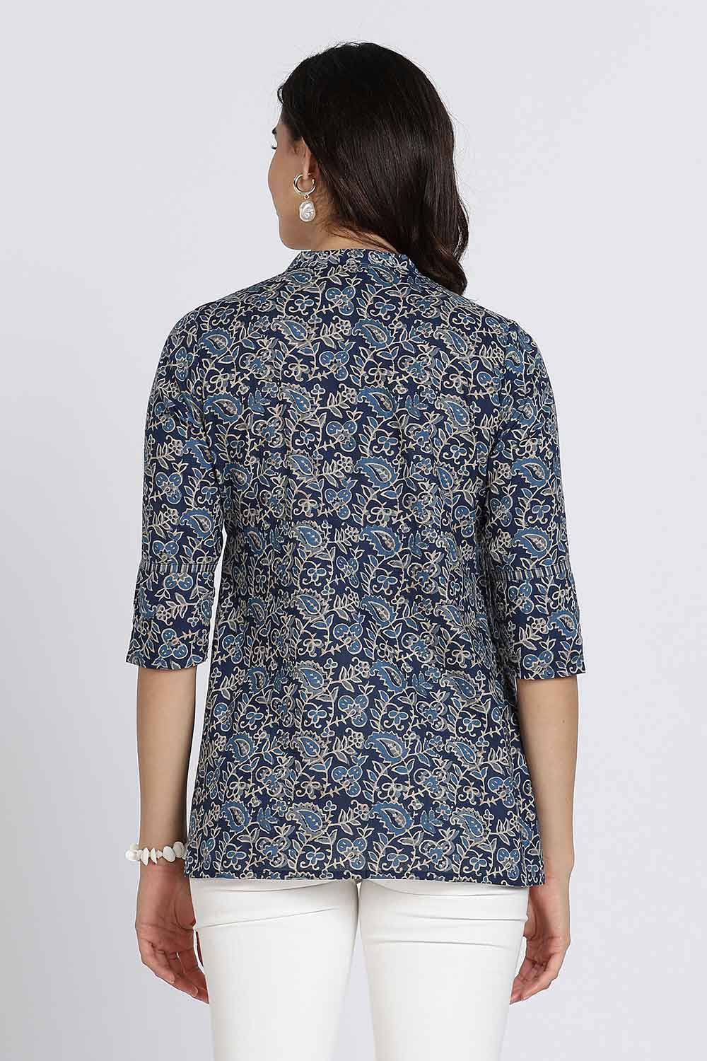 Mythri Women’s Cotton Short Kurti Top – Round Neck with V-Slit, Mitered Bias Panel & 3/4th Sleeves | Ethnic Wear Kurta Top - Navy - U009