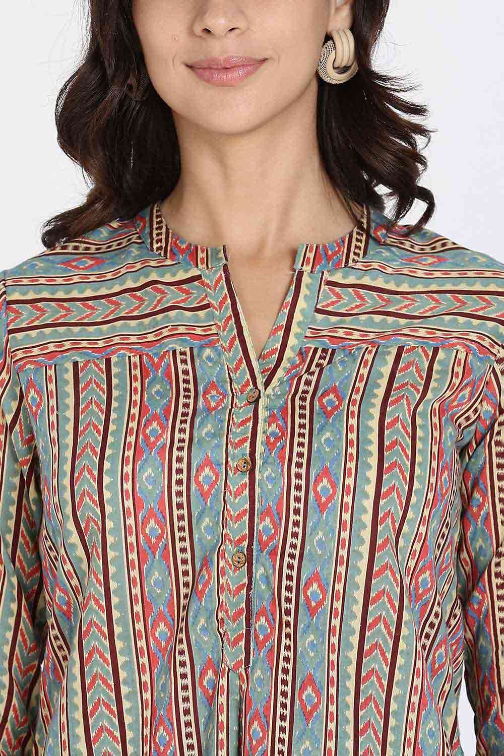 Mythri Women’s Cotton Short Kurti Top – Mandarin Collar with V-Slit & 3/4th Sleeves | Ethnic Wear Top for Women - Aqua - U012