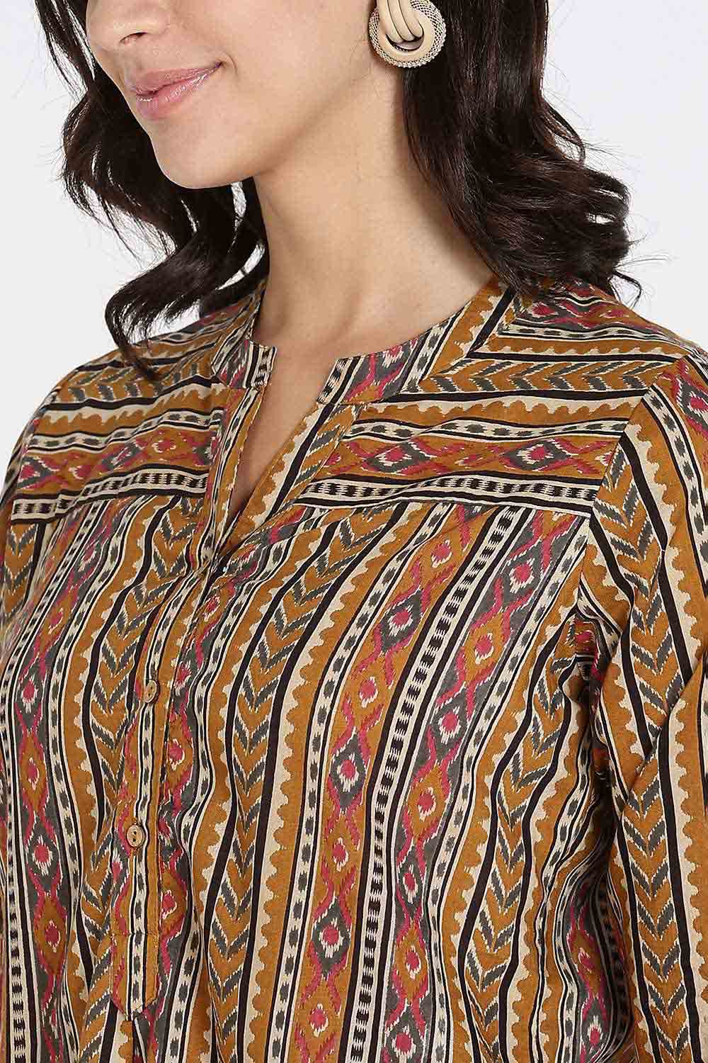 Mythri Women’s Cotton Short Kurti Top – Mandarin Collar with V-Slit & 3/4th Sleeves | Ethnic Wear Top for Women - Mustard - U012