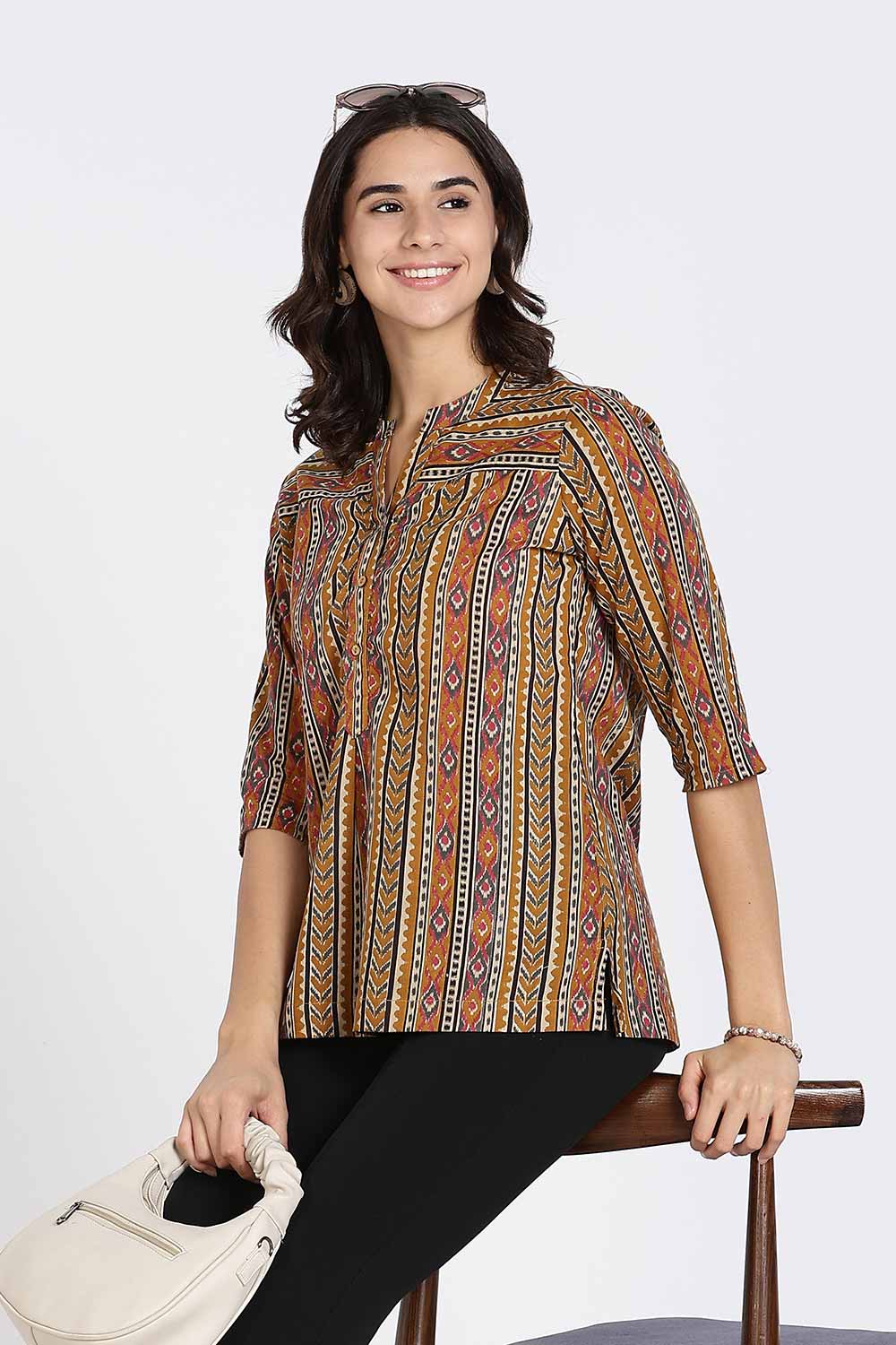Mythri Women’s Cotton Short Kurti Top – Mandarin Collar with V-Slit & 3/4th Sleeves | Ethnic Wear Top for Women - Mustard - U012