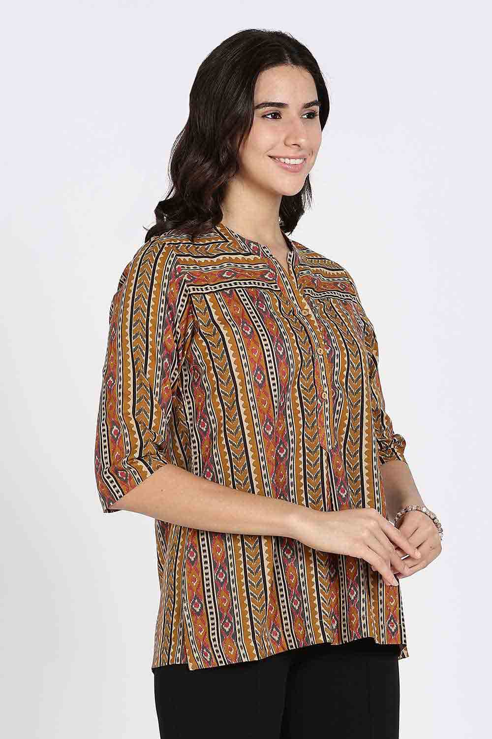 Mythri Women’s Cotton Short Kurti Top – Mandarin Collar with V-Slit & 3/4th Sleeves | Ethnic Wear Top for Women - Mustard - U012