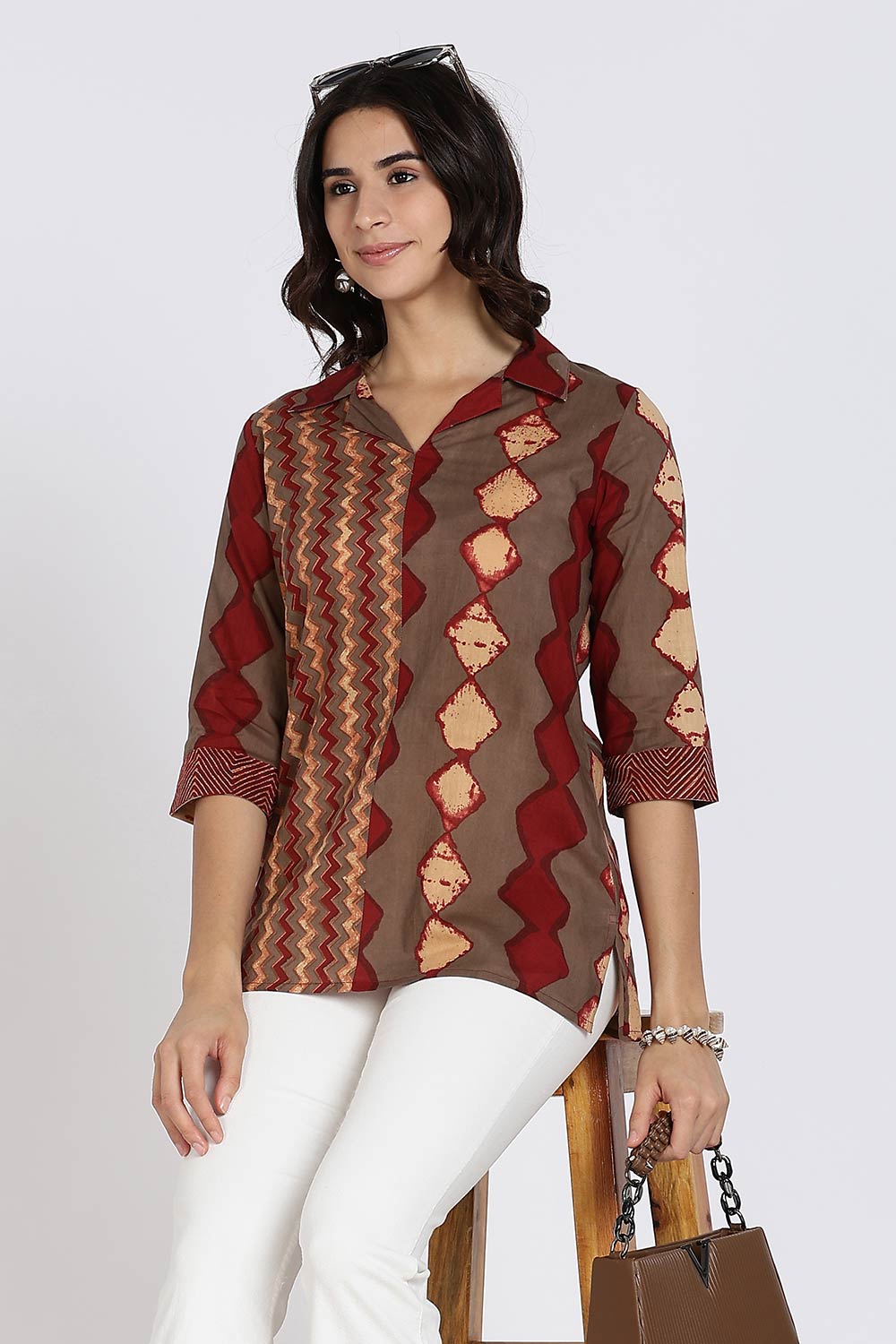 Mythri Women’s Cotton Short Kurti Top – Notch Collar Tunic with Color Blocking & 3/4th Sleeves | Ethnic Wear Kurta Top - Maroon - U014