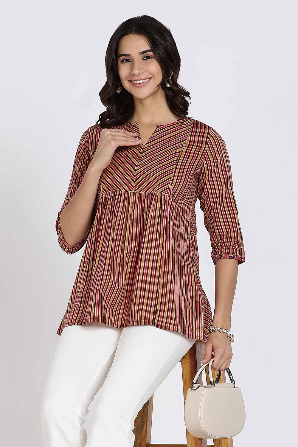 Mythri Women’s Cotton Short Kurti Top – Notch Collar Tunic with Color Blocking & 3/4th Sleeves | Ethnic Wear Kurta Top - Maroon - U014