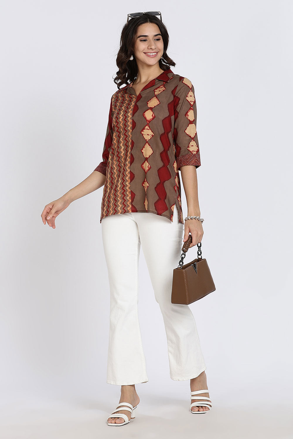 Mythri Women’s Cotton Short Kurti Top – Notch Collar Tunic with Color Blocking & 3/4th Sleeves | Ethnic Wear Kurta Top - Maroon - U014