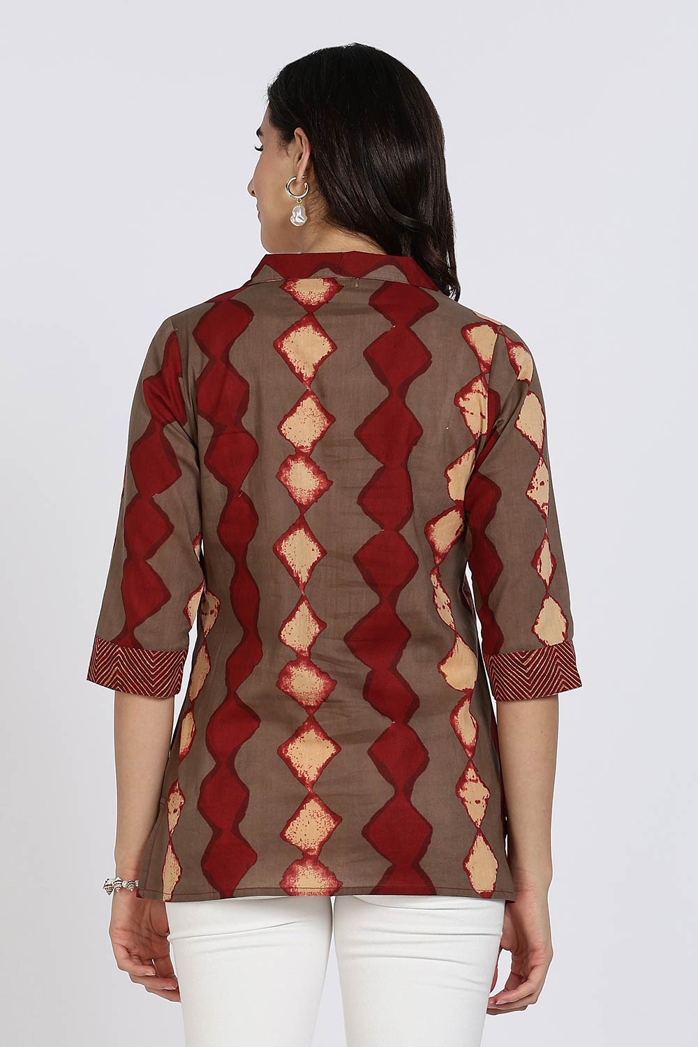 Mythri Women’s Cotton Short Kurti Top – Notch Collar Tunic with Color Blocking & 3/4th Sleeves | Ethnic Wear Kurta Top - Maroon - U014