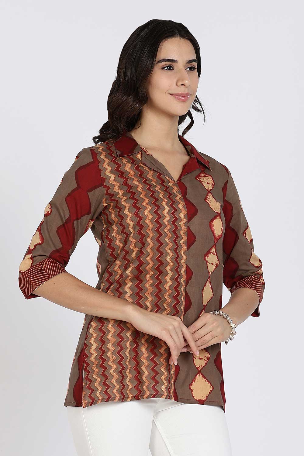 Mythri Women’s Cotton Short Kurti Top – Notch Collar Tunic with Color Blocking & 3/4th Sleeves | Ethnic Wear Kurta Top - Maroon - U014