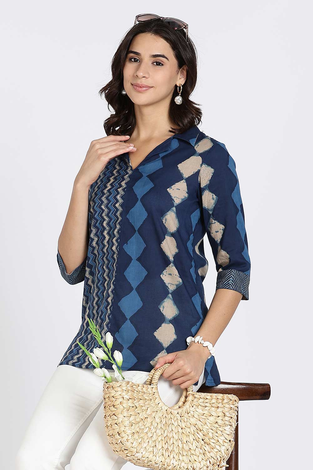 Mythri Women’s Cotton Short Kurti Top – Notch Collar Tunic with Color Blocking & 3/4th Sleeves | Ethnic Wear Kurta Top - Indigo - U014