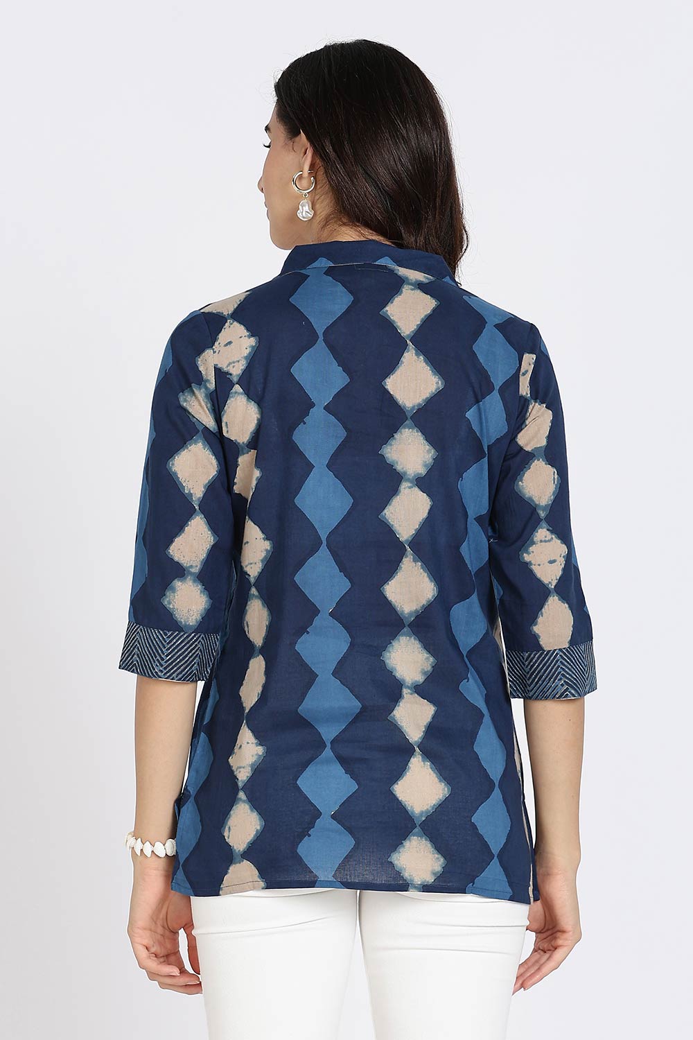 Mythri Women’s Cotton Short Kurti Top – Notch Collar Tunic with Color Blocking & 3/4th Sleeves | Ethnic Wear Kurta Top - Indigo - U014