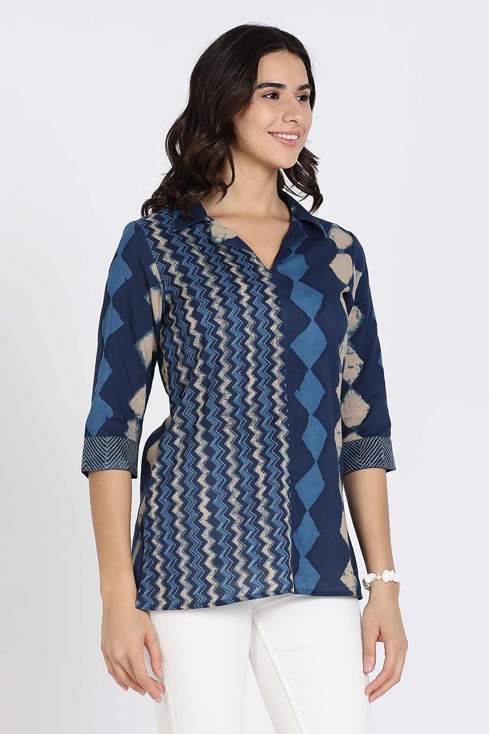 Mythri Women’s Cotton Short Kurti Top – Notch Collar Tunic with Color Blocking & 3/4th Sleeves | Ethnic Wear Kurta Top - Indigo - U014