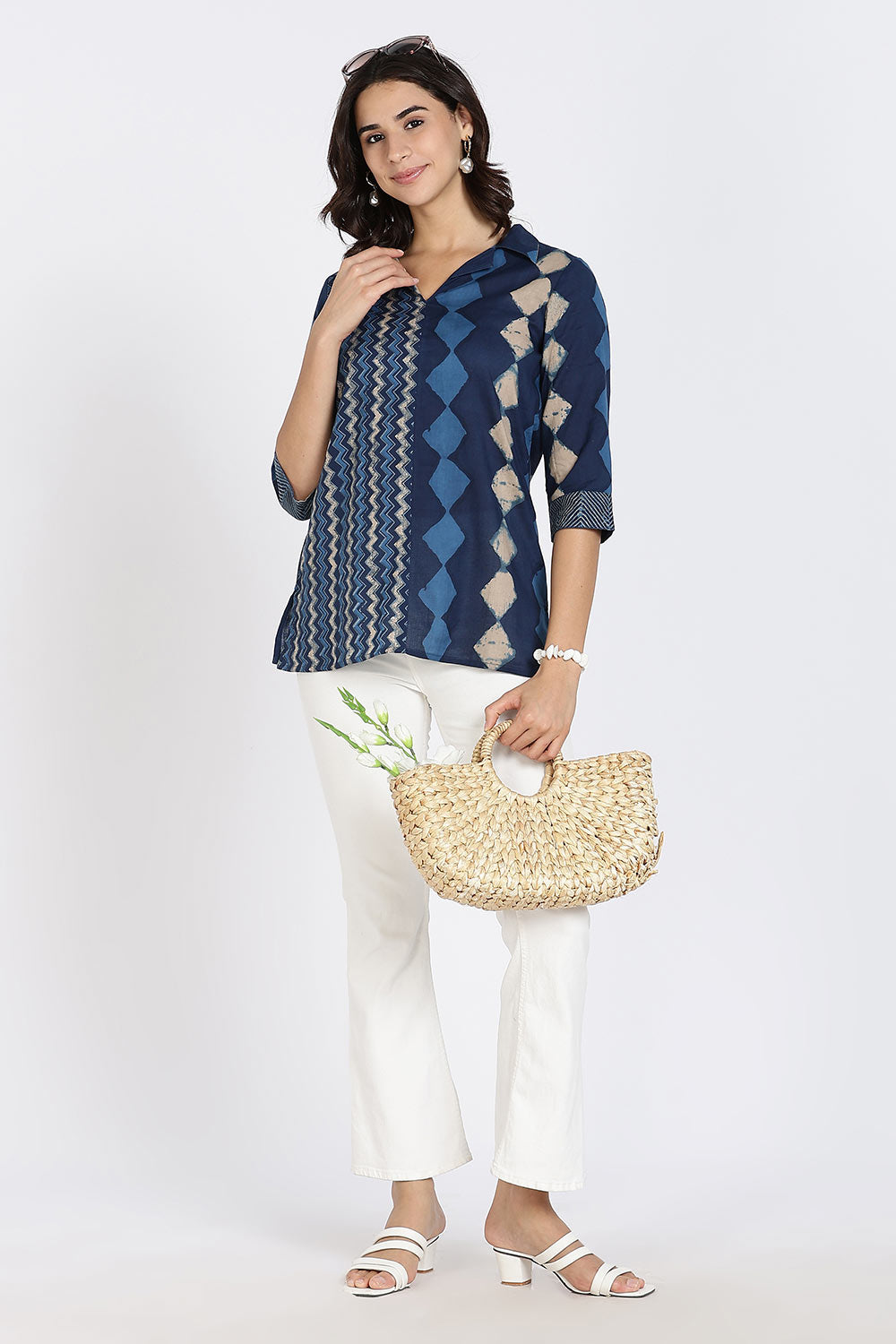 Mythri Women’s Cotton Short Kurti Top – Notch Collar Tunic with Color Blocking & 3/4th Sleeves | Ethnic Wear Kurta Top - Indigo - U014