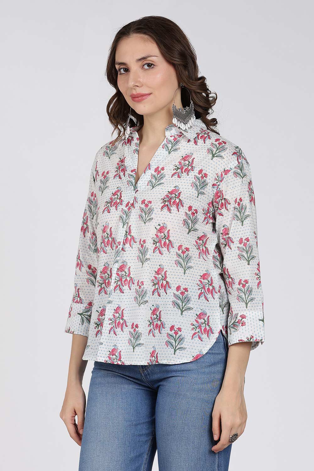 Mythri Women’s Cotton Top – Jaipur Hand Block Print Shirt Collar Top with Pleats | Regular Fit Everyday Wear - UNI1