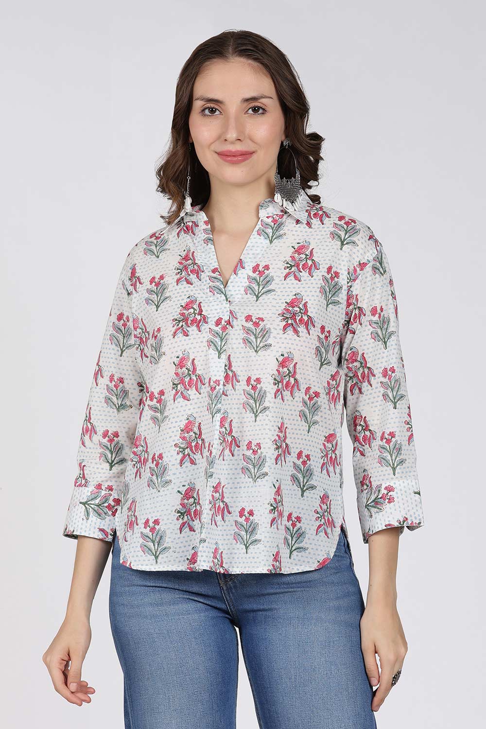 Mythri Women’s Cotton Top – Jaipur Hand Block Print Shirt Collar Top with Pleats | Regular Fit Everyday Wear - UNI1