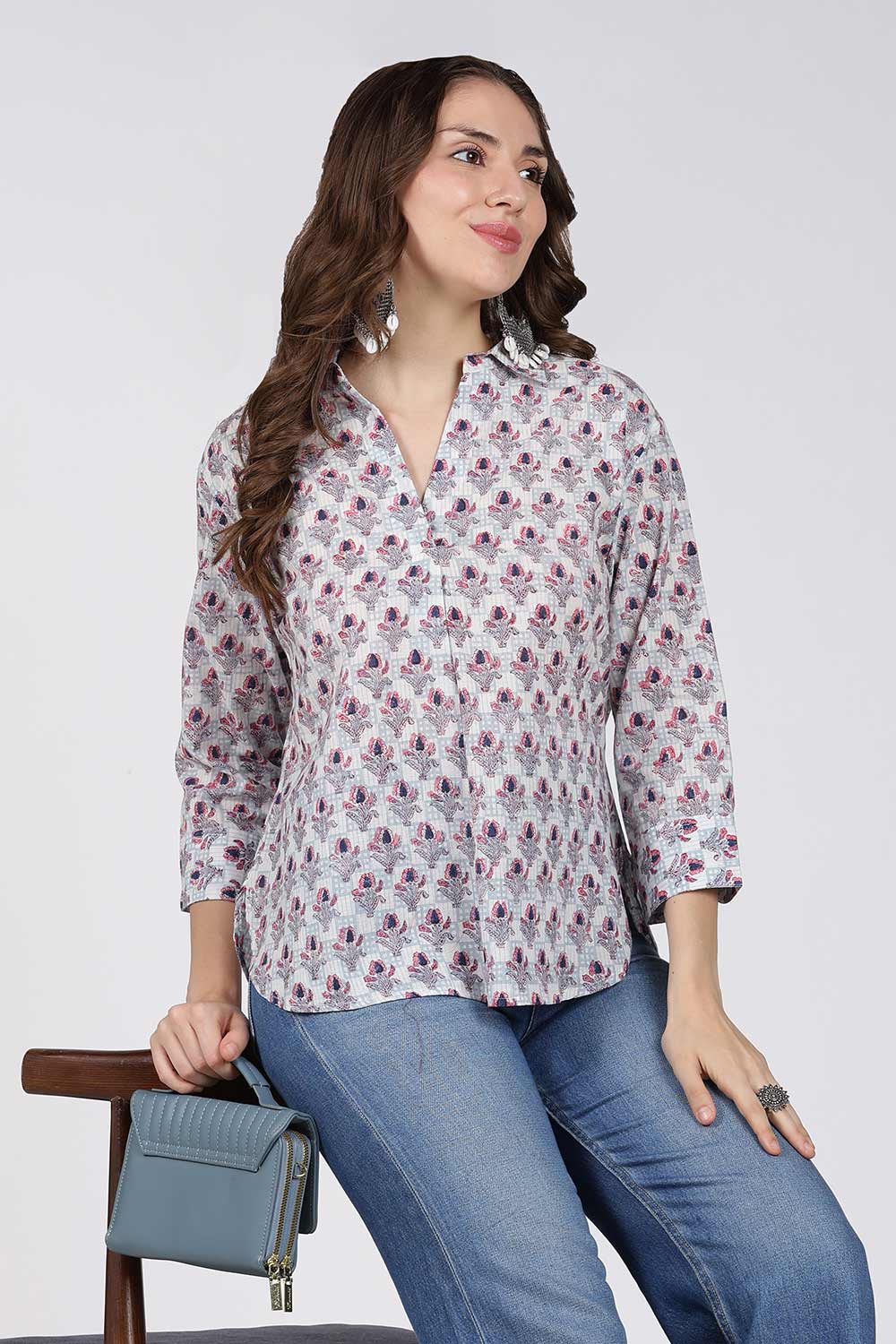 Mythri Women’s Cotton Top – Jaipur Hand Block Print Shirt Collar Top with Pleats | Regular Fit Everyday Wear - UNI2