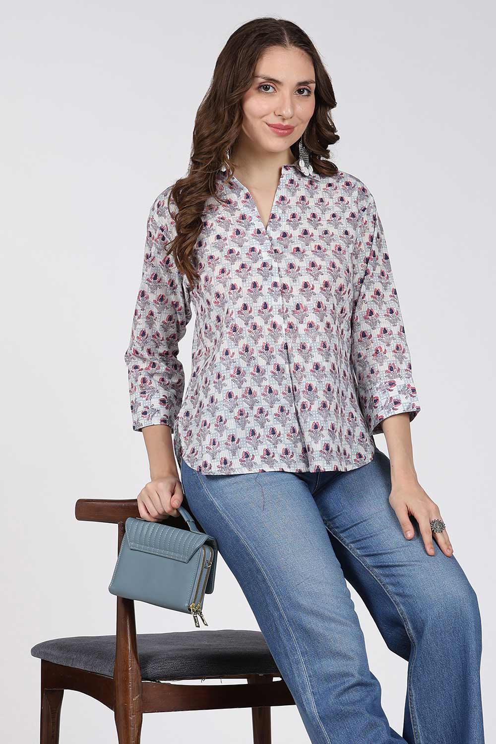 Mythri Women’s Cotton Top – Jaipur Hand Block Print Shirt Collar Top with Pleats | Regular Fit Everyday Wear - UNI2