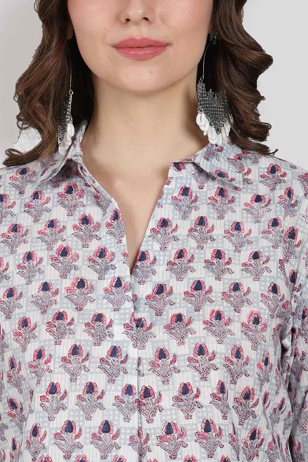 Mythri Women’s Cotton Top – Jaipur Hand Block Print Shirt Collar Top with Pleats | Regular Fit Everyday Wear - UNI2