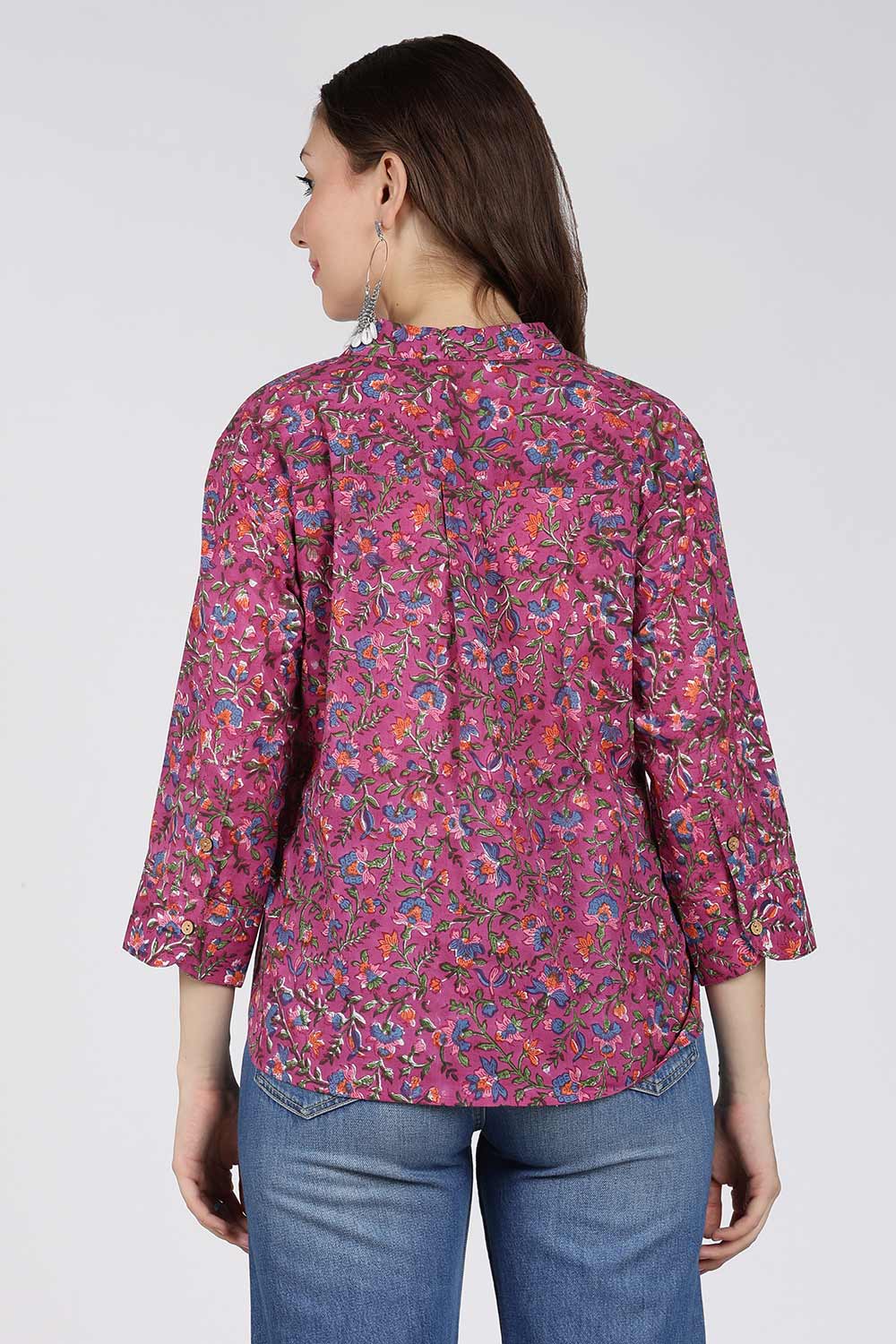 Mythri Women’s Cotton Top – Jaipur Hand Block Print Shirt Collar Top with Pleats | Regular Fit Everyday Wear - UNI3