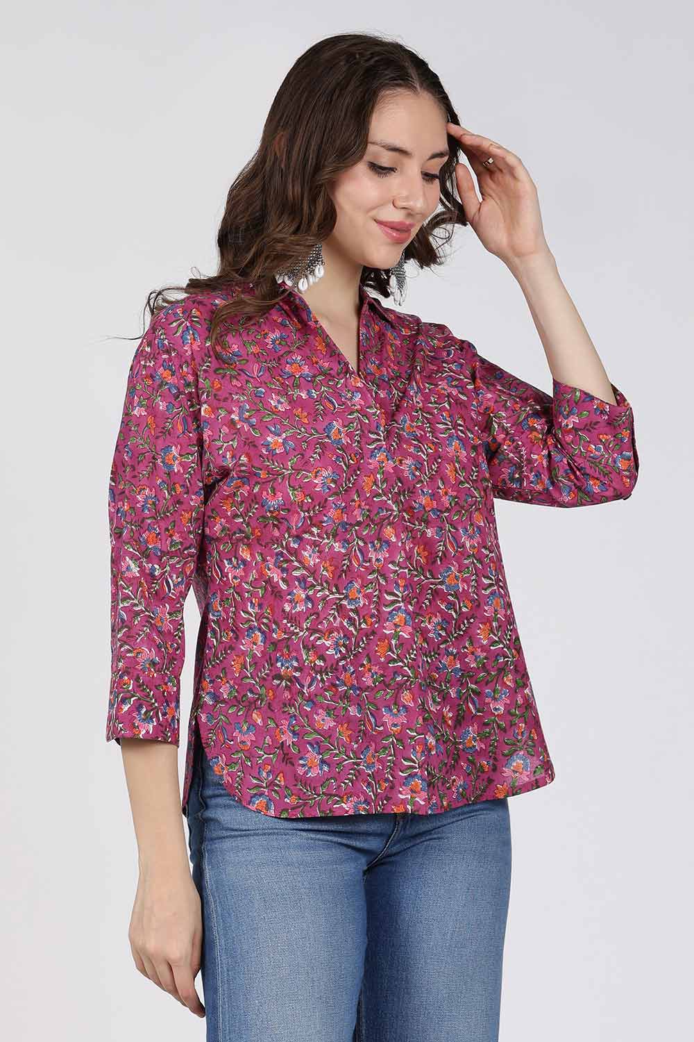 Mythri Women’s Cotton Top – Jaipur Hand Block Print Shirt Collar Top with Pleats | Regular Fit Everyday Wear - UNI3