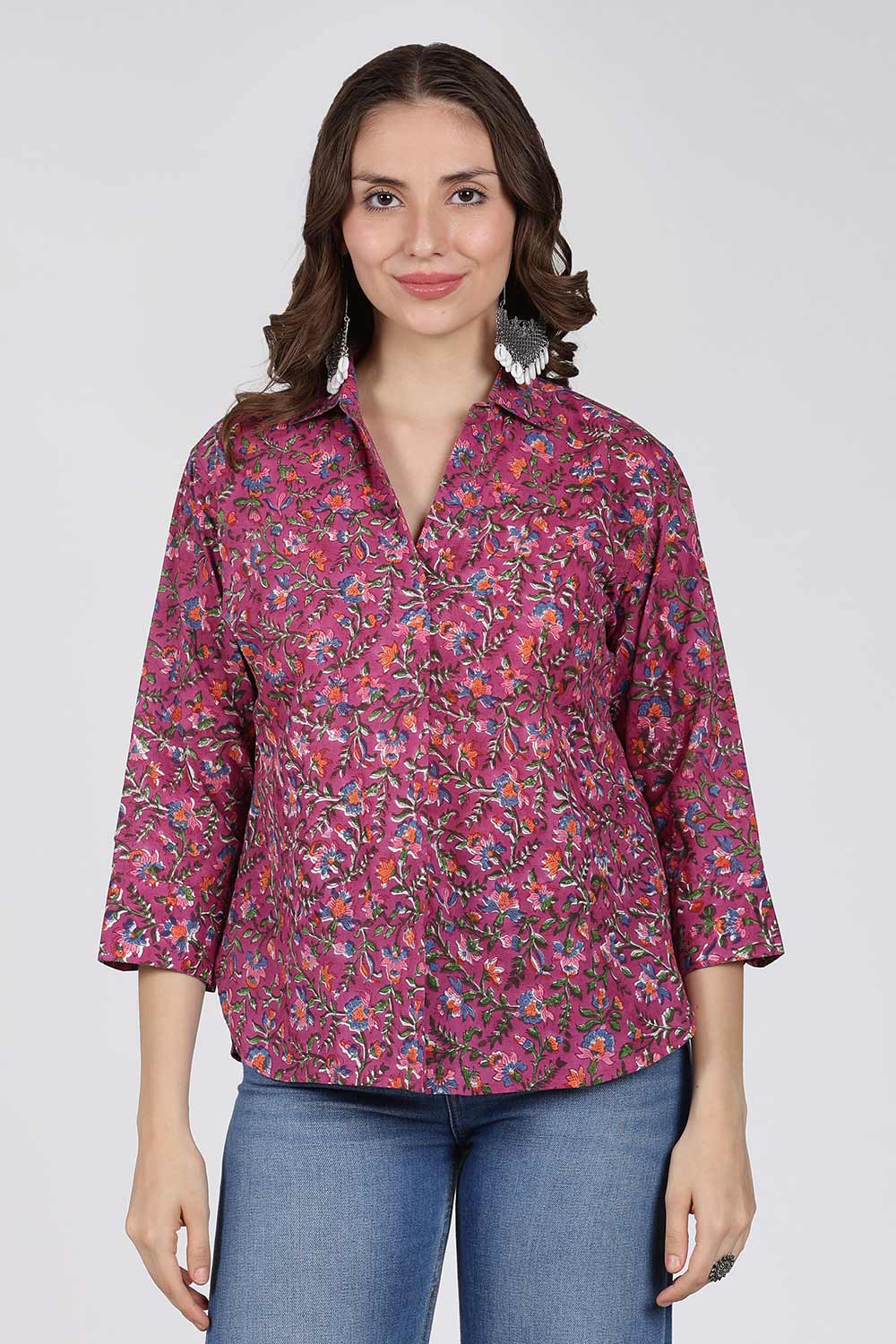 Mythri Women’s Cotton Top – Jaipur Hand Block Print Shirt Collar Top with Pleats | Regular Fit Everyday Wear - UNI3