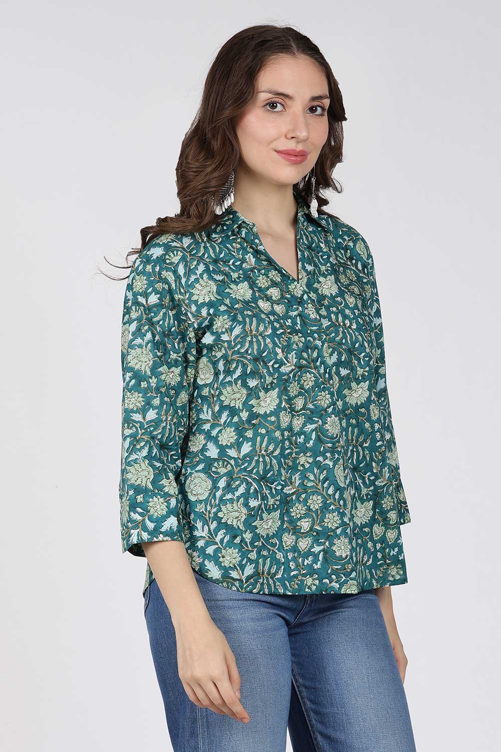 Mythri Women’s Cotton Top – Jaipur Hand Block Print Shirt Collar Top with Pleats | Regular Fit Everyday Wear - UNI4