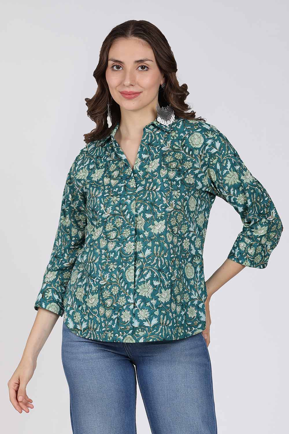 Mythri Women’s Cotton Top – Jaipur Hand Block Print Shirt Collar Top with Pleats | Regular Fit Everyday Wear - UNI4