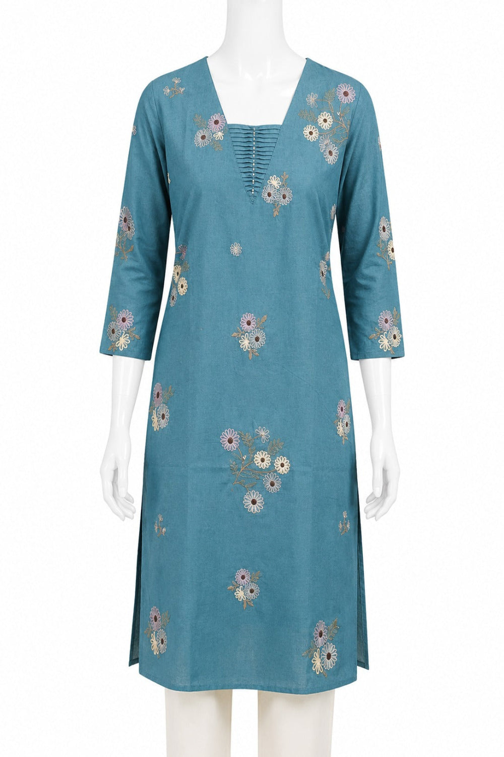Women's Cotton Flax Embroidered Kurti | V-Neck Pintuck Kurti for Women | Regular Fit Everyday Ethnic Wear with All Over Embroidery - 1396