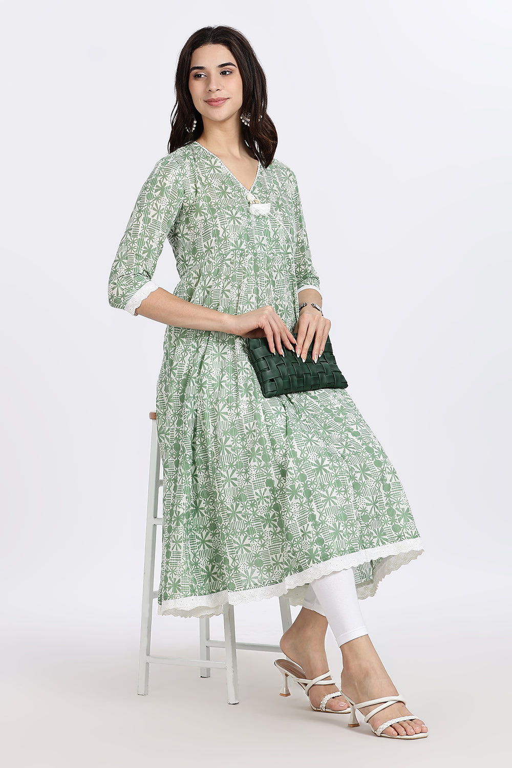 Mythri Women's Cotton Printed Anarkali Kurta with Geometric Floral Design, Lace Detailing & V-Neck Wrap Style | Daily Wear Cotton Dobby Kurti - A304