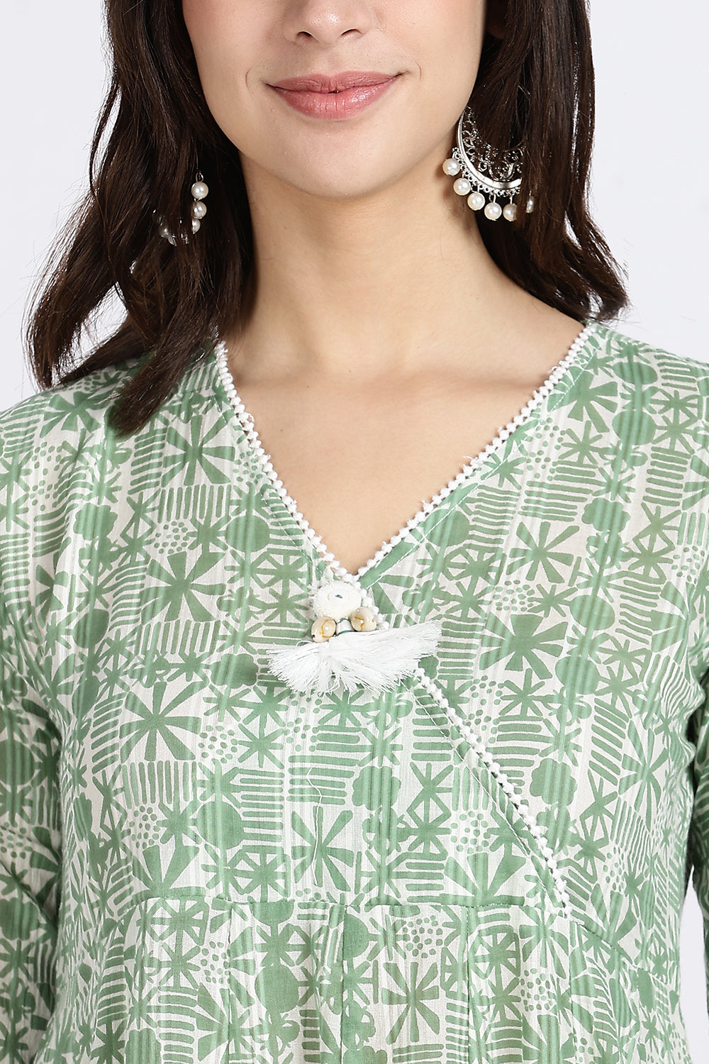 Mythri Women's Cotton Printed Anarkali Kurta with Geometric Floral Design, Lace Detailing & V-Neck Wrap Style | Daily Wear Cotton Dobby Kurti - A304