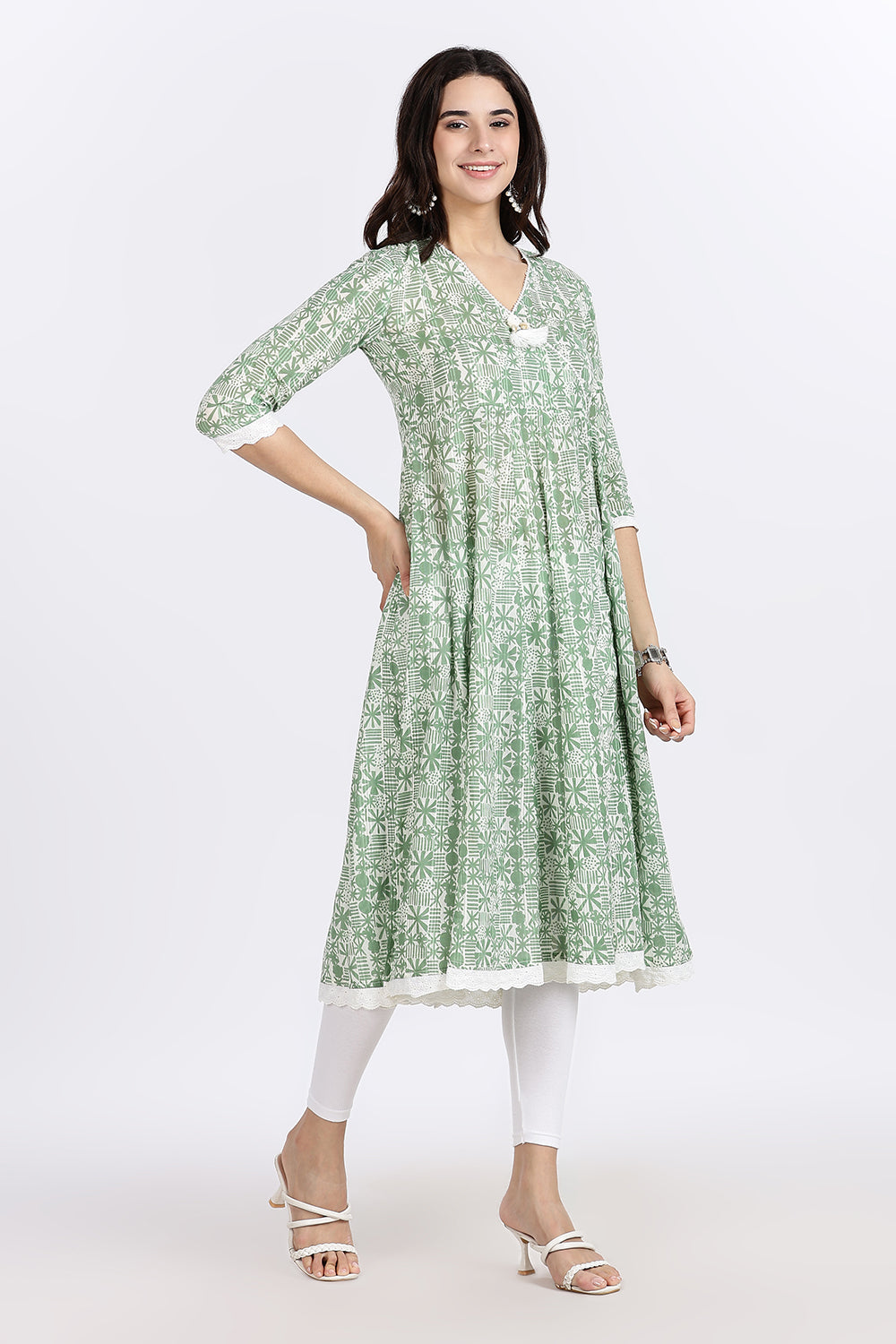 Mythri Women's Cotton Printed Anarkali Kurta with Geometric Floral Design, Lace Detailing & V-Neck Wrap Style | Daily Wear Cotton Dobby Kurti - A304
