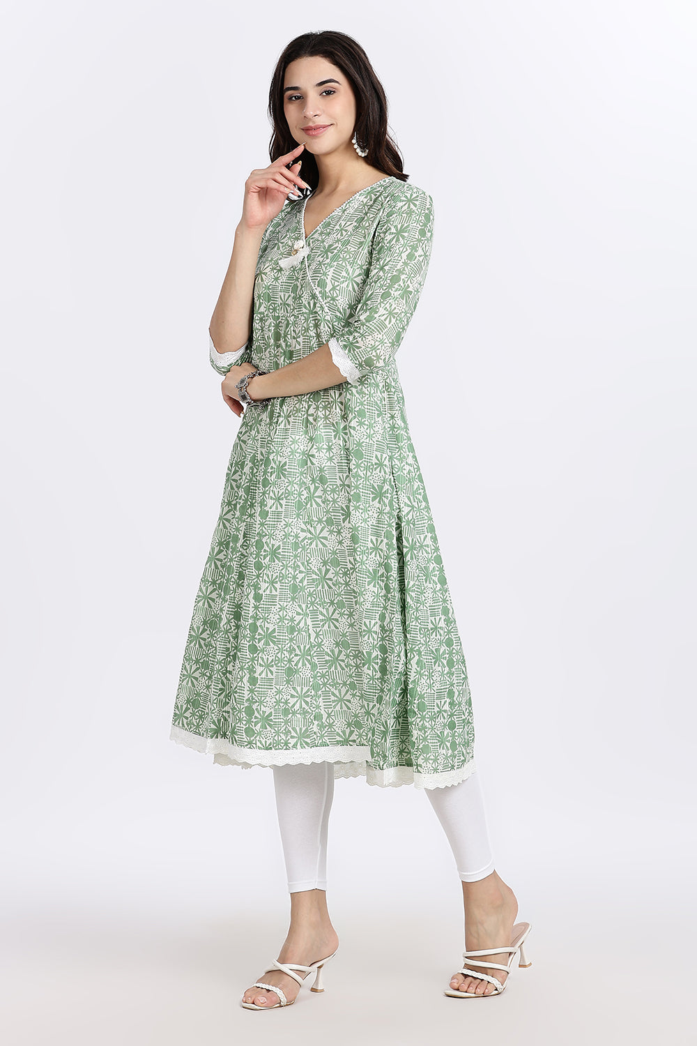 Mythri Women's Cotton Printed Anarkali Kurta with Geometric Floral Design, Lace Detailing & V-Neck Wrap Style | Daily Wear Cotton Dobby Kurti - A304