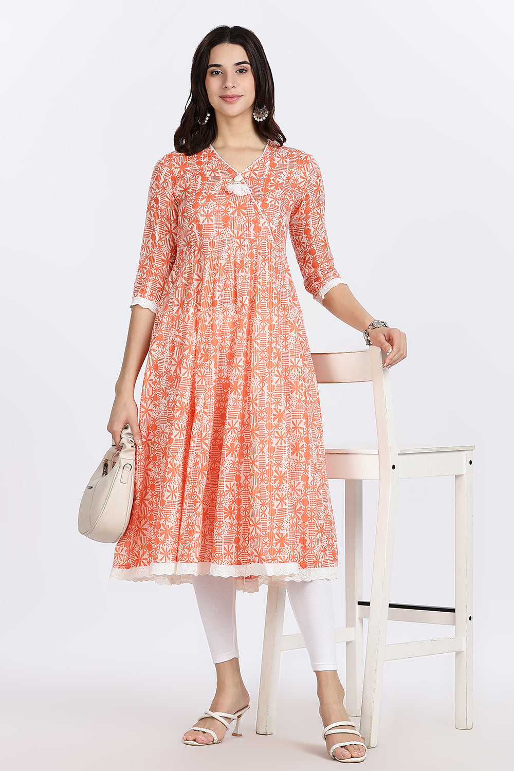 Mythri Women's Cotton Printed Anarkali Kurta with Geometric Floral Design, Lace Detailing & V-Neck Wrap Style | Daily Wear Cotton Dobby Kurti - A304