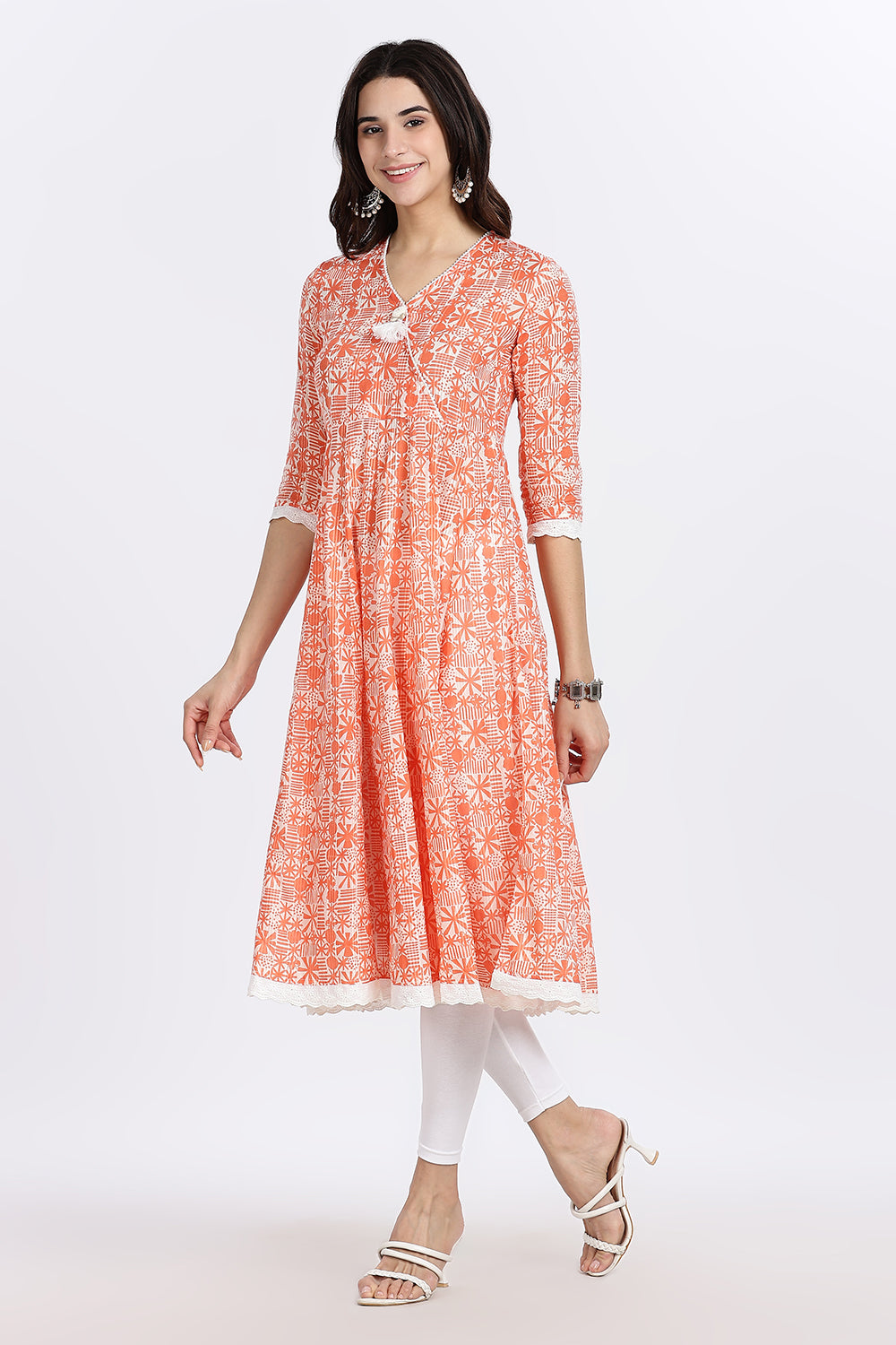 Mythri Women's Cotton Printed Anarkali Kurta with Geometric Floral Design, Lace Detailing & V-Neck Wrap Style | Daily Wear Cotton Dobby Kurti - A304
